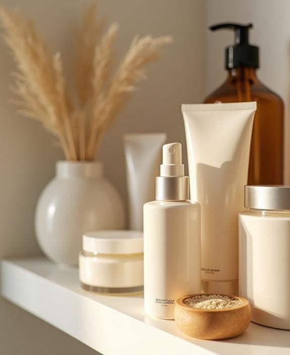 Dettaglio di prodotti di bellezza ecologici e naturali su uno scaffale del salone