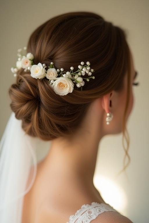 Acconciatura raccolta ed elegante per una sposa
